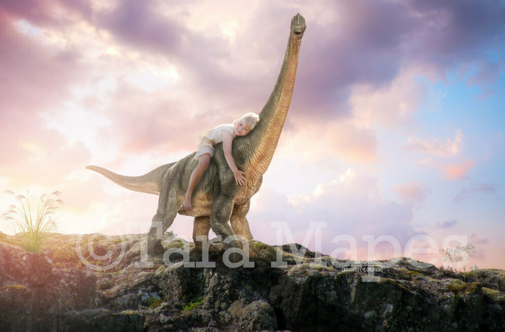 Dinosaur on Rocks - Nice Smiling Dinosaur at Sunset on Cliff Digital Background / Backdrop