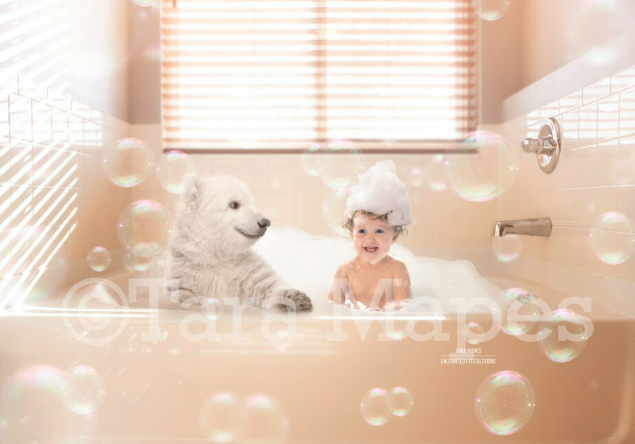 Polar Bear Cub in Bathtub- Polar Bear Bathtime- Bear in Tub -  Digital Background Backdrop