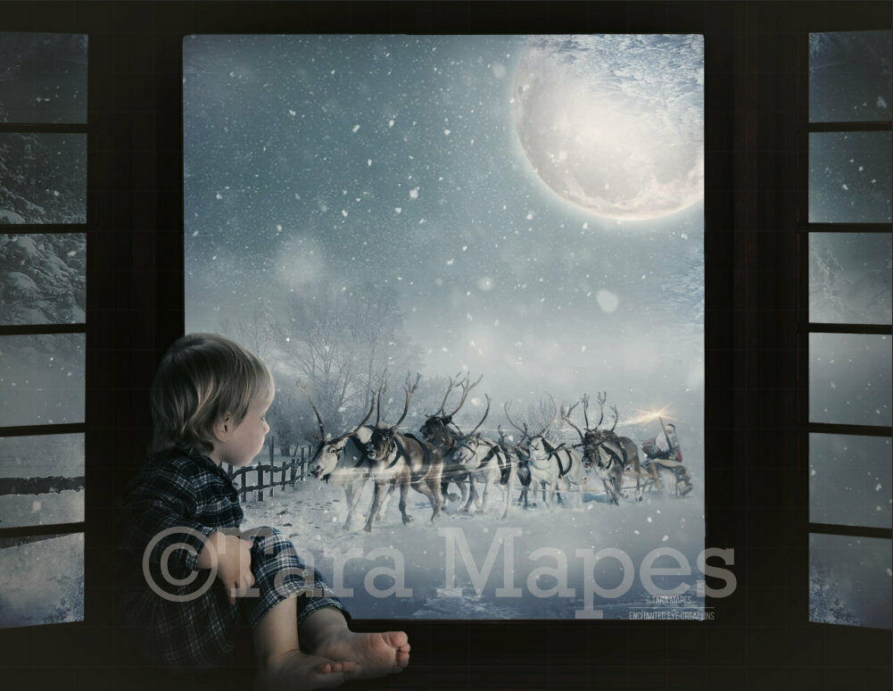 Christmas Window Santa Sleigh with Reindeer at Night with Magic and Moon Digital Background Backdrop