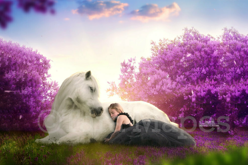 Unicorn Laying In Cherry Blossoms Purple Flowers with Sun Creamy Digital Background Backdrop