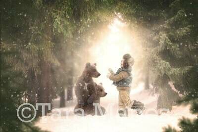 Baby Bears in Snowy Forest - Winter Scene - Holiday Christmas Digital Background Backdrop