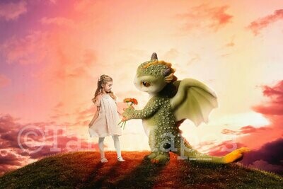 Baby Dragon on a Grassy Hill- Dragon Magic- Magical Dragon  Digital Background / Backdrop