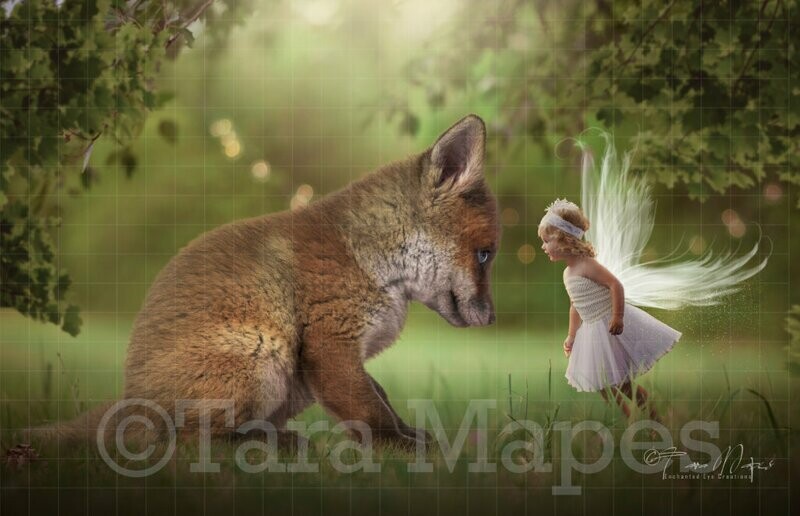 Baby Fox Digital Background - Fox in Forest with Creamy Bokeh - Scene for Fairy