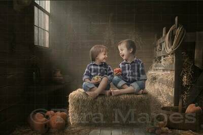 Barn Autumn Fall Hay Bale and Pumpkins Scene Digital Background Backdrop