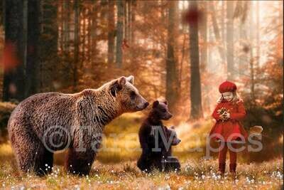 Bear and Bear Cub in Forest Autumn Fall Leaves Digital Background Backdrop