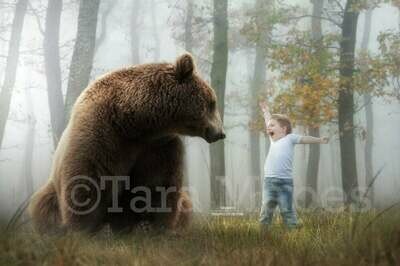 Bear in Foggy Forest Spring Autumn Creamy Digital Background Backdrop