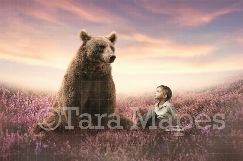 Bear in Field of Heather Violet Flowers with Sun Creamy Digital Background Backdrop