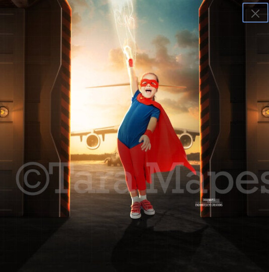 Super Hero in Hangar Airport Digital Background Backdrop