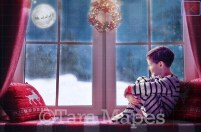 Christmas Window with Santa in Moon Digital Backdrop / Background