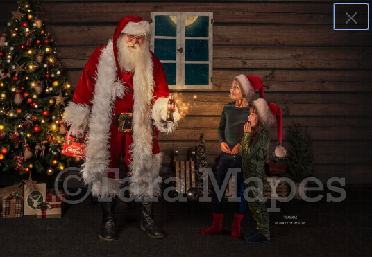 Santa surprise - Having a soda with santa- Cozy Christmas Holiday Digital Background Backdrop