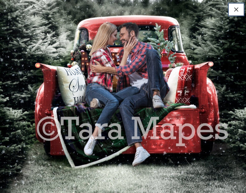 Vintage Christmas Truck - Christmas Truck in Tree Farm - with Free Snow Overlay Holiday Family JPG Digital Background Backdrop