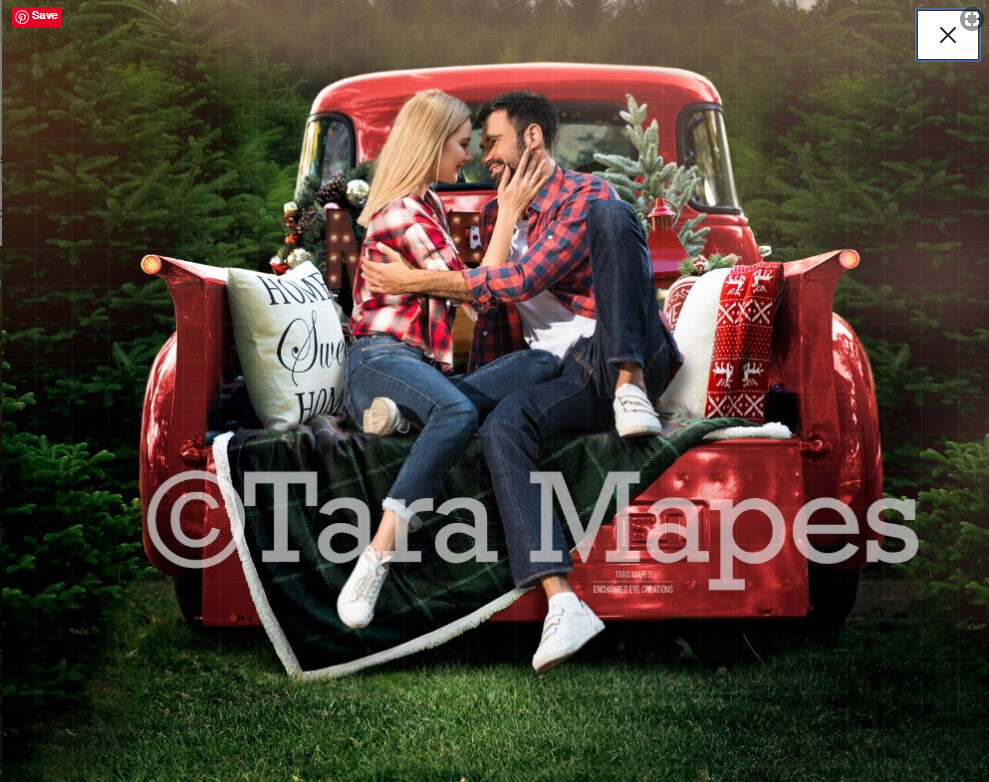 Red Vintage Truck  Christmas Truck in Tree Farm Holiday Family Digital Background Backdrop