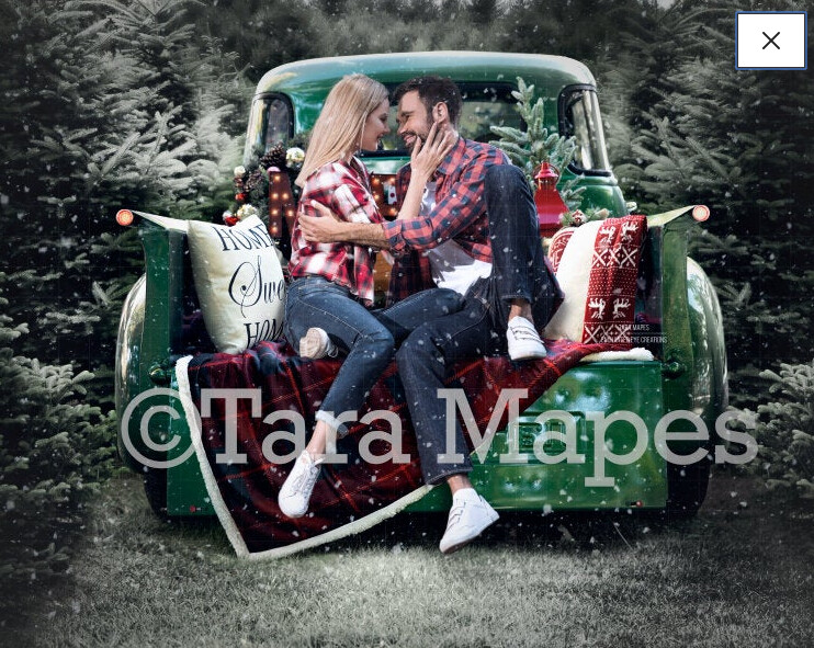Vintage Christmas Truck - Christmas Truck in Tree Farm - with Free Snow Overlay Holiday Family Digital Background Backdrop