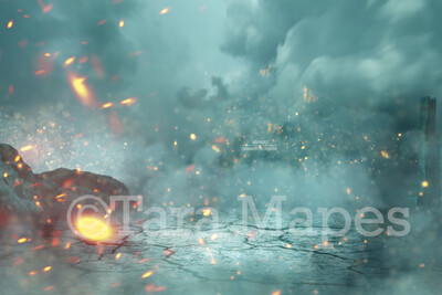 Castle Ruins Earthquake Fire Dragon Scene Digital Background / Backdrop