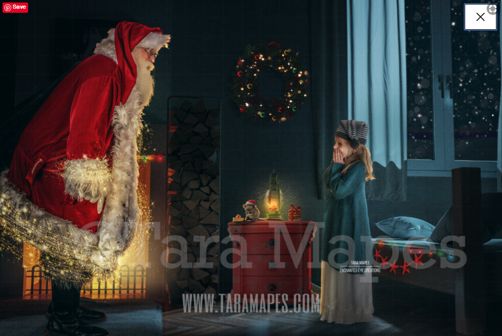 Santa Bedroom by Fireplace - Santa with Magic Bag- Santa Surprise with Mouse and Magic - Christmas Holiday Digital Background Backdrop