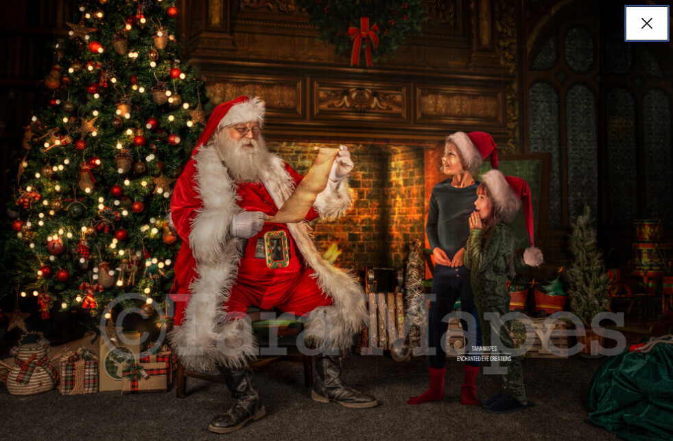 Santa Reading Naughty or Nice List by Fireplace - Santa with Scroll - The Good List - Christmas Holiday Digital Background Backdrop