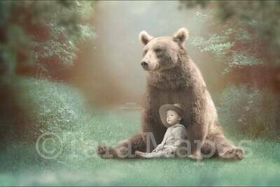 Bear on Magic Forest Path - Creamy Forest - Digital Background Backdrop