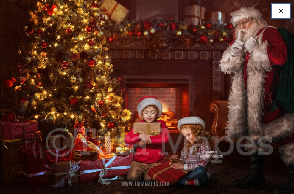 Santa Surprise - Santa Behind Tree - Santa by Christmas Tree - Holiday Christmas Digital Background / Backdrop