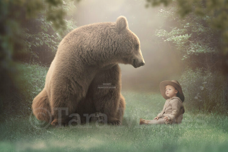 Bear on Magic Forest Path - Creamy Forest -Digital Background Backdrop