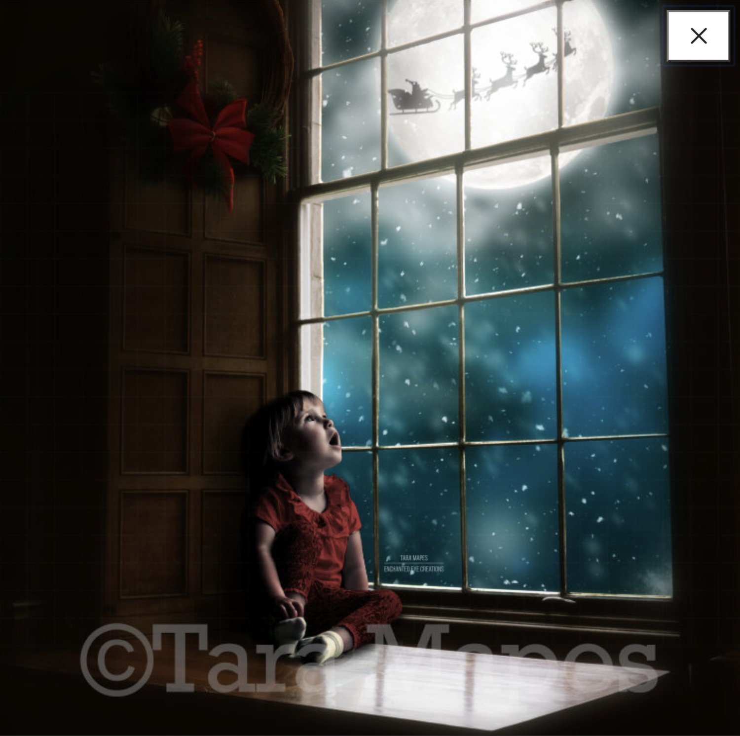 Big Christmas Window Vintage with Santa in Moon at Night Digital Background  Backdrop