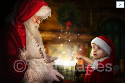 Santa with Magic Gift by Fireplace - Christmas Magic Holiday Digital Background Backdrop