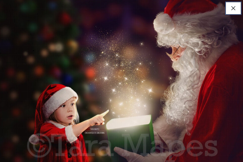 Santa with Magic Gift by Christmas Tree Holiday Digital Background Backdrop