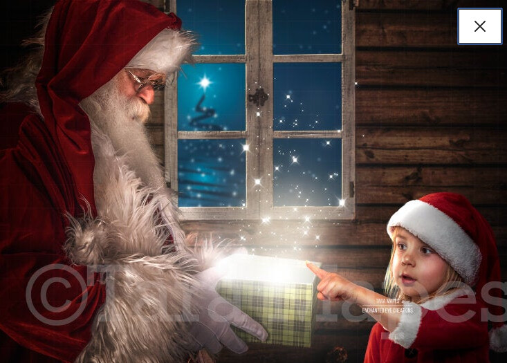 Santa with Magic Gift by Christmas Window - Christmas Magic Holiday Digital Background Backdrop