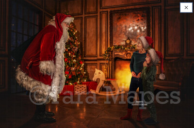 Santa with Sack by Fireplace - Santa with Gifts - Cozy Christmas Scene - Christmas Holiday Digital Background Backdrop