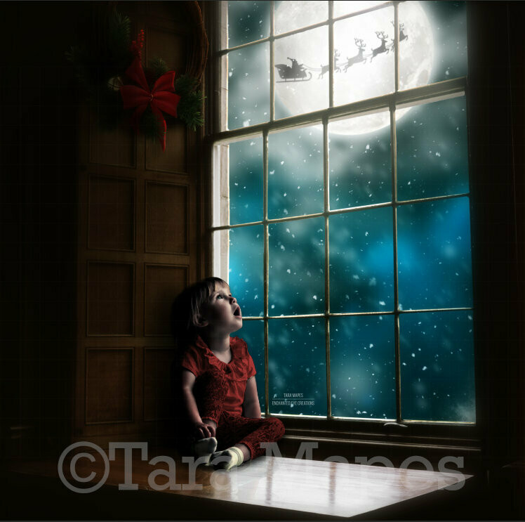 Big Christmas Window Vintage with Santa in Moon at Night Digital Background Backdrop
