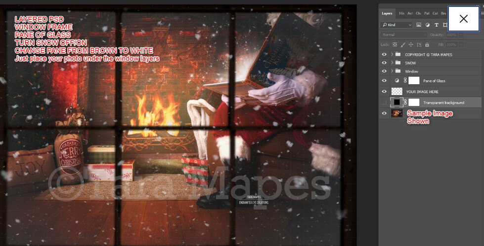 Christmas Window Overlay - Window Pane with Separate Snow Layered PSD - Winter Christmas Window Digital Background Backdrop