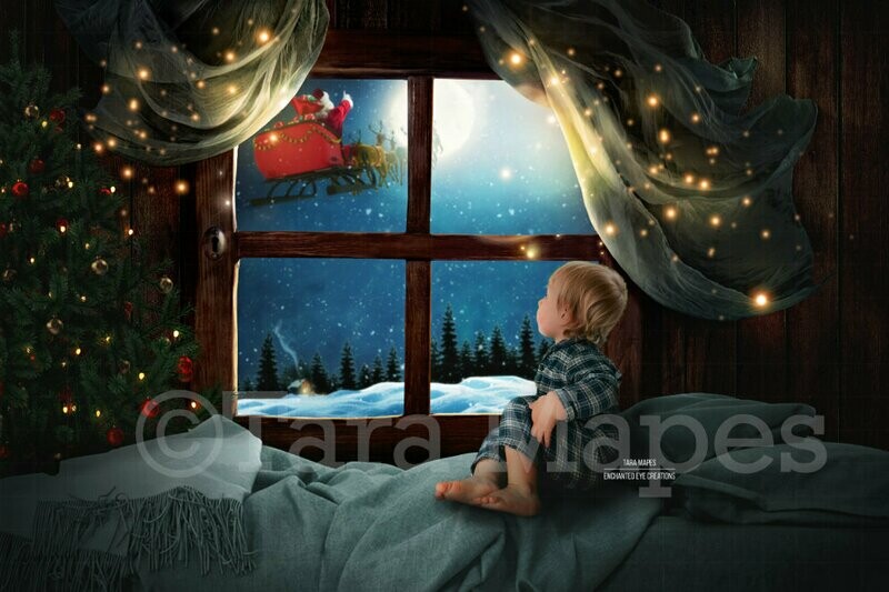 Christmas Window Magic with Tree and Santa in Sleigh by Moon Digital Background Backdrop