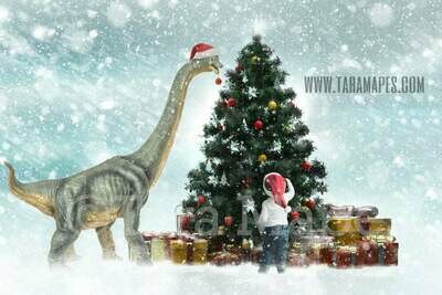 Christmas Dinosaur Decorating Christmas Tree- Dino Decorating Tree - Holiday Funny Christmas Card Idea - Digital Background Backdrop