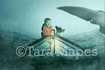 Boat in Ocean - Stormy Sea - Little White Boat in Ocean - Whale in Lake Digital Background Backdrop