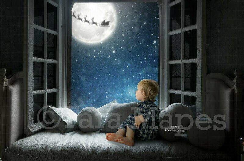 Christmas Window with Santa in Moon Digital Background Backdrop
