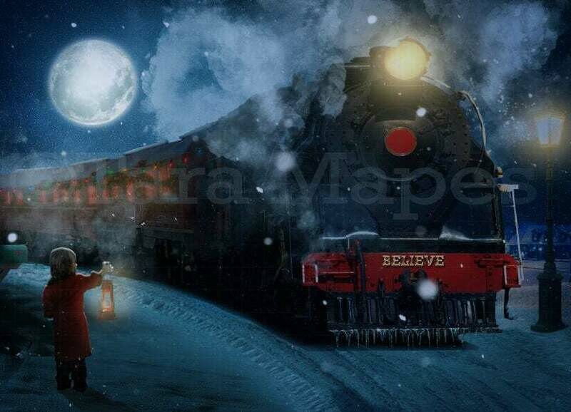 Christmas Train - Holiday Train - Magical Christmas Scene - Digital Background Backdrop - Free snow overlay