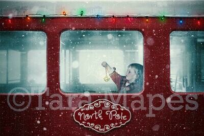Red Christmas Train - Christmas Train Ride with Christmas Lights - Holiday Magical Christmas Train Digital Background