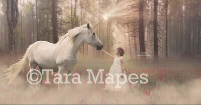 Unicorn Digital Background - Magical Horse in Flowering Field at Sunrise Digital Background