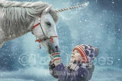 Christmas Unicorn - WInter Unicorn - Unicorn in Snow - Snow Unicorn - Christmas Holiday Digital Background