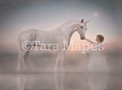 Unicorn by Lake Digital Background - Magical Unicorn Digital Backdrop