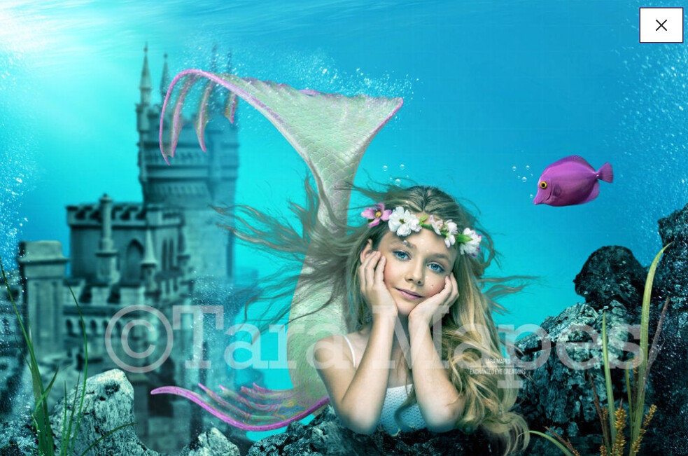 Mermaid Castle - Underwater in Ocean - Mermaid Princess - Digital Background Backdrop