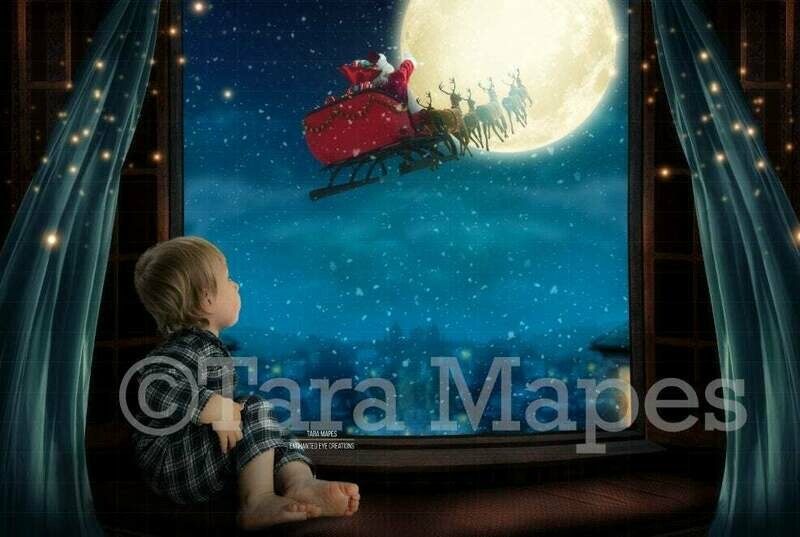 Christmas Window Overlooking City with Santa Sleigh Moon - Christmas Village - Magic Window with Santa in Moon Digital Background Backdrop Christmas Window Overlooking City with Santa Sleigh Moon - Christmas Village - Magic Window with Santa in Moon Digital Background Backdrop