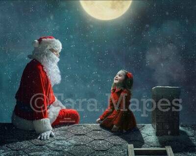 Santa on Rooftop Christmas Holiday Digital Background Backdrop