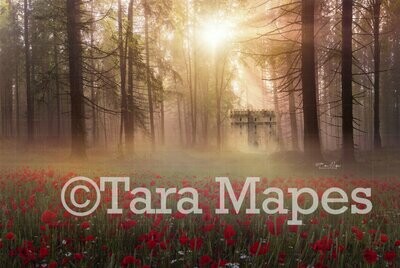 Castle in Woods by Field of Flowers Digital Background / Backdrop