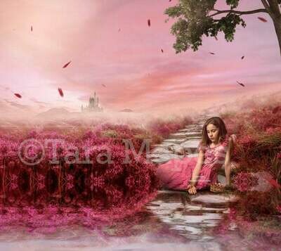 Castle Stairs in Field by Lake - Creamy Field of Flowers Digital Background / Backdrop
