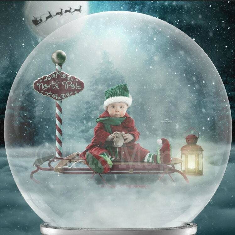 Sled in North Pole Snow Globe - Snowglobe Santa in Moon Christmas Digital Background Backdrop Tutorial LINK IN DESCRIPTION