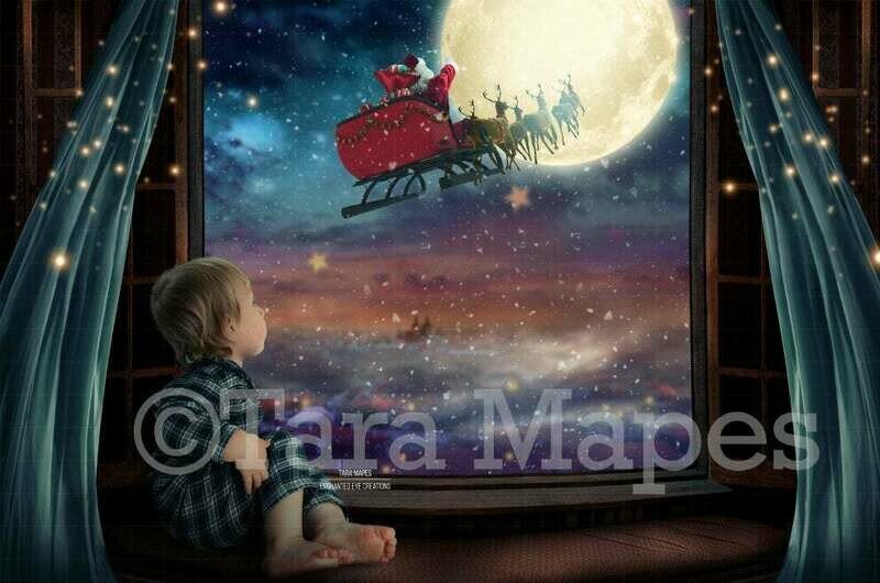 Christmas Window Overlooking City with Santa in Moon - Christmas Village - Magic Window with Santa in Moon Digital Background Backdrop