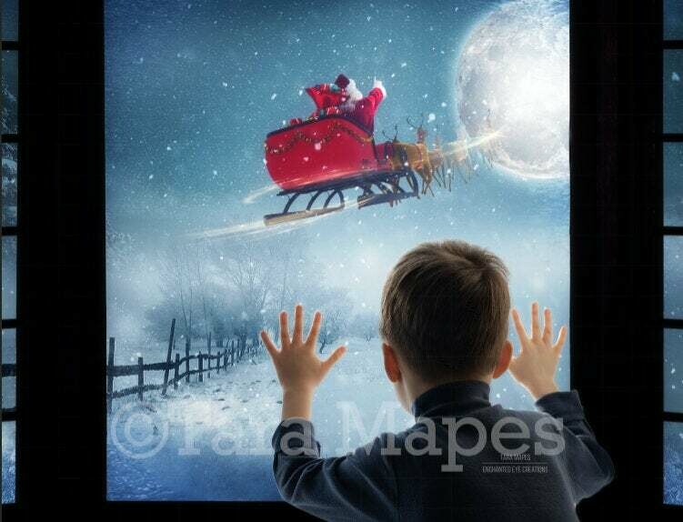 Christmas Window Santa Sleigh and Reindeer Flying at Night with Magic and Moon Digital Background Backdrop