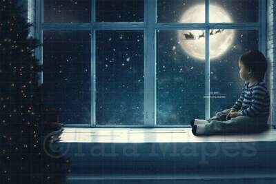 Christmas Window Seat - Studio Window - City - Santa in Moon Digital Background Backdrop