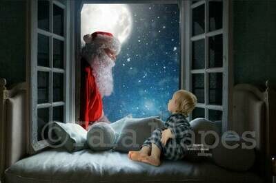 Christmas Window with Santa in Window - Santa in Window Christmas Digital Background Backdrop