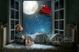 Christmas Window with Santa in Sleigh by Moon Digital Background Backdrop